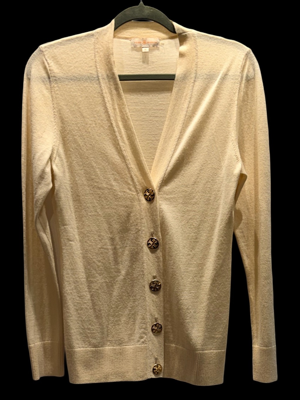 Tory Burch Metallic Champagne Gold V-Neck Logo Button Cardigan Medium
